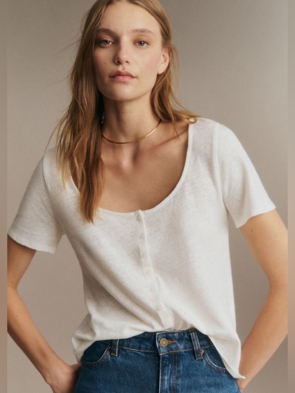 Sézane Milo T-Shirt Ecru Linen Blend XS